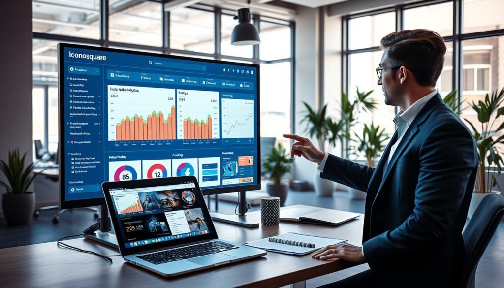 A modern office space featuring a digital dashboard displaying Iconosquare analytics, showcasing vibrant graphs and data visualizations. In the foreground, a professional individual, dressed in smart business attire, interacts with a sleek touchscreen monitor. The middle layer reveals a stylish desk with a laptop open, displaying social media scheduling tools, along with a notepad and a coffee cup. The background shows a bright, well-lit office with large windows, allowing natural light to flood the space, and potted plants for a touch of greenery. The atmosphere is focused and productive, with a color scheme of blues and whites complementing the tech-inspired workspace. Use a soft focus lens effect to enhance the depth of field, ensuring the analytics dashboard stands out vividly.