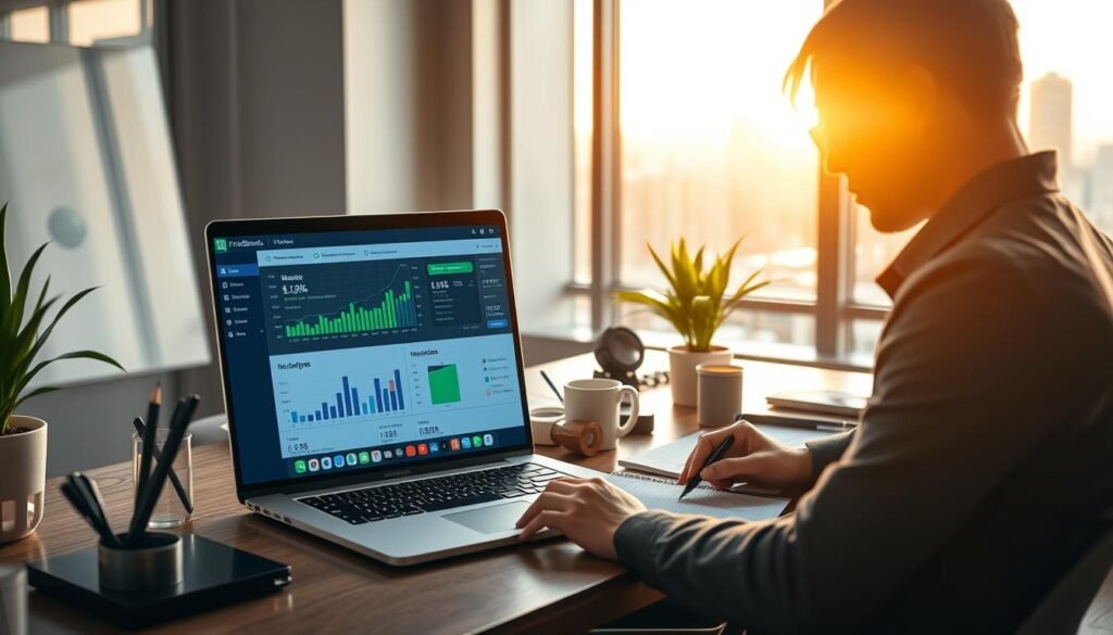 A modern workspace featuring a laptop displaying the FreshBooks invoicing and time tracking dashboard on the screen, with colorful graphs and invoices visible. In the foreground, a professional dressed in smart casual attire is focused on their work, taking notes on a notepad next to the laptop. The middle ground includes a stylish office desk cluttered with a few business essentials like pens, a coffee cup, and a potted plant for a touch of greenery. In the background, a window shows a bright, sunlit cityscape, contributing to an uplifting and productive atmosphere. The lighting is soft and natural, creating a warm, inviting feel. The image conveys a sense of entrepreneurship and efficiency, perfect for service businesses.