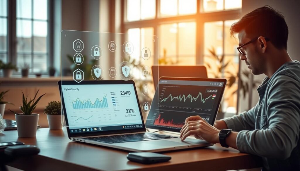 A modern workspace illustrating security endpoint detection focused on remote work. In the foreground, a sleek laptop displays a sophisticated user interface with graphs and alerts showcasing cybersecurity metrics. A professional, casually dressed individual, working intently, is seated beside the laptop, surrounded by a minimalistic design involving plants and tech gadgets. In the middle ground, a clear glass screen showcases various security icons, creating a sense of protection and vigilance. The background features a bright, airy home office with large windows, allowing natural light to stream in, creating an inviting atmosphere. The overall mood is focused yet serene, emphasizing the importance of cybersecurity in remote work settings. The image is captured from a slightly elevated angle, providing a comprehensive view of the workspace dynamics.