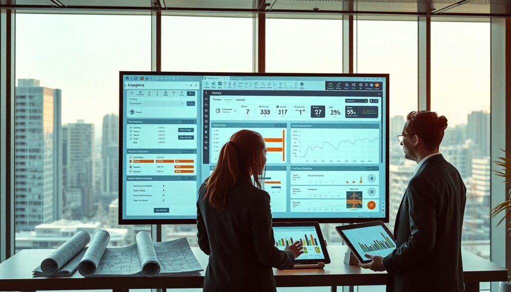 A sleek, modern office environment displaying a large, high-tech computer screen with a detailed dashboard for construction project management software. In the foreground, a diverse group of three professionals dressed in business attire are engaged in a discussion, analyzing project timelines and subcontractor assignments. The middle ground features architectural blueprints and digital tablet devices displaying graphs and charts, emphasizing collaboration and technology. The background contains a large window with a cityscape view, illuminated by natural daylight, creating an inspiring atmosphere. Use warm lighting to enhance the inviting mood, capturing a sense of teamwork and productivity within the construction management context. Focus on clarity and professionalism without any text or logos.