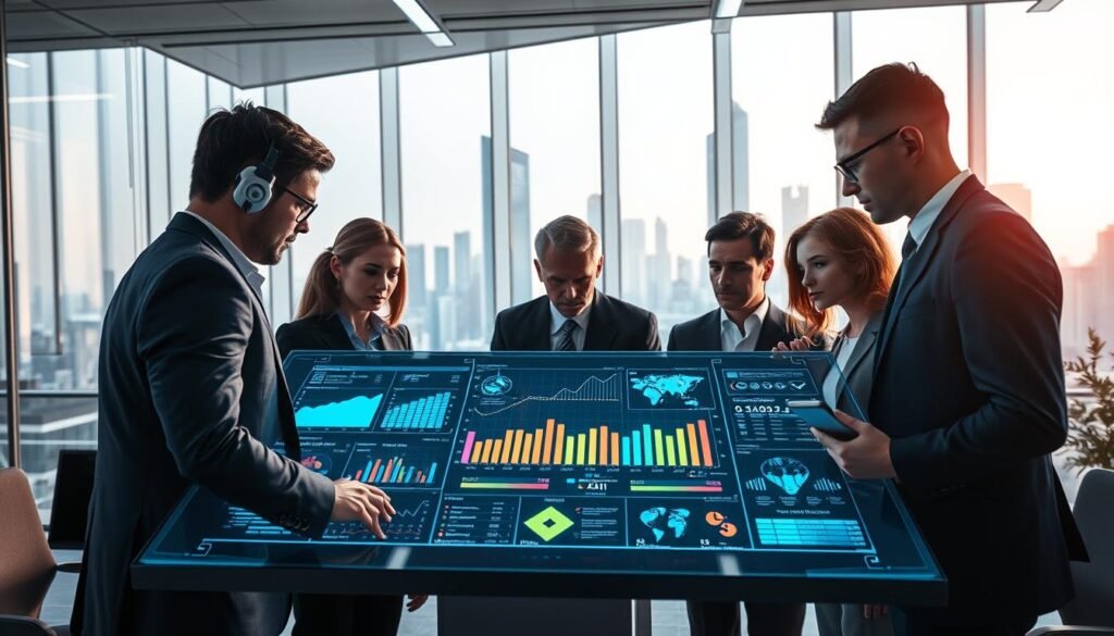 A sleek, modern office environment serves as the foreground, where a diverse group of professionals in business attire are collaborating over advanced digital screens displaying dynamic data visualizations and AI algorithms. In the middle ground, a large touchscreen panel shows colorful graphs, charts, and natural language processing insights, with light emanating to create a sense of innovation. The background features a futuristic city skyline through glass windows, symbolizing progress and technology. The lighting is bright and engaging, enhancing the mood of creativity and advanced analytics. The camera angle is slightly above eye level, providing an expansive view of the workspace, emphasizing teamwork and cutting-edge AI capabilities in business intelligence. A sleek, modern office environment serves as the foreground, where a diverse group of professionals in business attire are collaborating over advanced digital screens displaying dynamic data visualizations and AI algorithms. In the middle ground, a large touchscreen panel shows colorful graphs, charts, and natural language processing insights, with light emanating to create a sense of innovation. The background features a futuristic city skyline through glass windows, symbolizing progress and technology. The lighting is bright and engaging, enhancing the mood of creativity and advanced analytics. The camera angle is slightly above eye level, providing an expansive view of the workspace, emphasizing teamwork and cutting-edge AI capabilities in business intelligence.