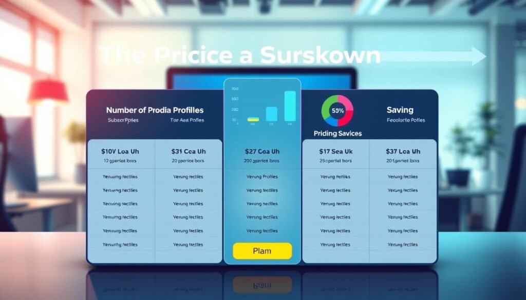 A visually engaging pricing breakdown infographic illustrated in a modern style. In the foreground, include a sleek table showing different subscription plans for a social media scheduling tool, highlighting varying features such as number of profiles, users, and pricing tiers. In the middle, show colorful pie charts and bar graphs indicating where users can find savings. The background should be softly blurred to emphasize the foreground elements, with a serene office environment featuring a computer and workspace. The lighting is bright and inviting, creating a sense of clarity and professionalism. The overall mood is upbeat and informative, suited for a business-focused audience.