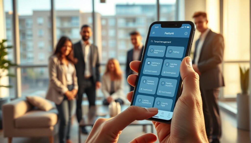 A close-up of a sleek smartphone displaying a user-friendly mobile app interface for tenant management. In the foreground, the phone is held by a diverse group of well-dressed individuals, portraying a collaborative and professional atmosphere. The screen shows features like maintenance requests, rental payments, and community announcements, emphasizing seamless tenant experience. In the middle ground, a stylish, modern living room is softly lit, creating a warm and inviting ambiance. The background features large windows with natural light streaming in, highlighting a well-maintained residential building outside. The scene evokes a sense of convenience and satisfaction, encapsulating the importance of quality mobile apps in enhancing tenant experiences.