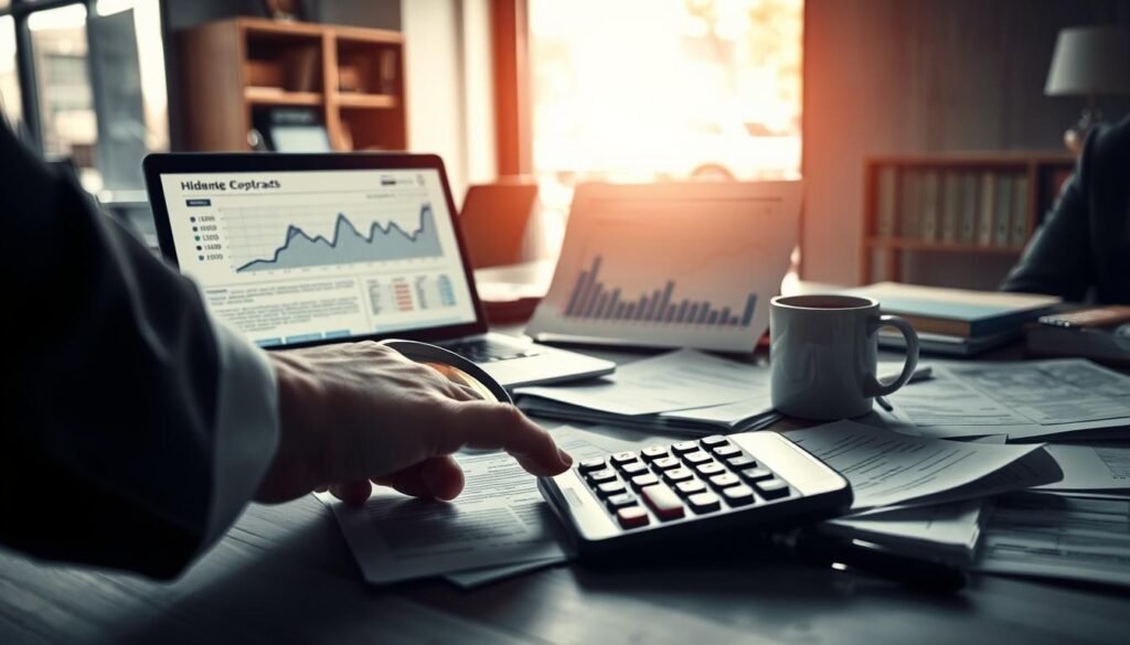A close-up scene of an office desk strewn with business contracts and invoices, emphasizing hidden costs with subtle details like a magnifying glass focusing on fine print. In the foreground, a hand, wearing a professional suit, is reaching for a calculator, symbolizing the act of calculating additional expenses. The middle ground features a laptop displaying analytical graphs that depict fluctuating costs, while a coffee cup sits alongside, hinting at a busy work environment. The background showcases a blurred office setting, suggesting a professional atmosphere. Soft, natural lighting filters through a window, casting gentle shadows, creating a serious yet contemplative mood, enhancing the theme of hidden financial burdens. A close-up scene of an office desk strewn with business contracts and invoices, emphasizing hidden costs with subtle details like a magnifying glass focusing on fine print. In the foreground, a hand, wearing a professional suit, is reaching for a calculator, symbolizing the act of calculating additional expenses. The middle ground features a laptop displaying analytical graphs that depict fluctuating costs, while a coffee cup sits alongside, hinting at a busy work environment. The background showcases a blurred office setting, suggesting a professional atmosphere. Soft, natural lighting filters through a window, casting gentle shadows, creating a serious yet contemplative mood, enhancing the theme of hidden financial burdens.