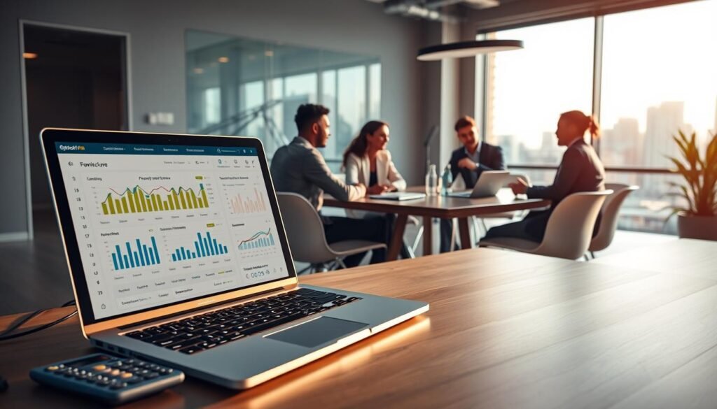 A contemporary office setting showcasing an all-in-one banking and accounting solution for property management. In the foreground, a sleek laptop is open, displaying a user-friendly dashboard with financial graphs and property listings. Next to it, a stylish calculator and a set of colorful charts provide a pop of visual interest. In the middle ground, a small group of diverse professionals—dressed in smart business attire—collaborate around a modern conference table, discussing financial strategies and property management solutions. The background features a large window with natural light streaming in, revealing a city skyline, creating a vibrant and productive atmosphere. The scene is clean and organized, with a warm color palette of blues and greens, conveying a sense of efficiency and trust. The image is well-lit with soft shadows, emphasizing a professional yet approachable mood.