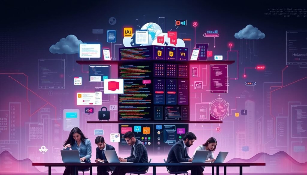 A dynamic visualization representing "full-stack coverage" in web development, featuring three distinct layers. In the foreground, a diverse group of professionals in smart business attire brainstorm over laptops, surrounded by code snippets and software icons. The middle section showcases a split view: on one side, vibrant frontend elements like colorful web pages, adaptive designs, and user interface mockups; on the other, robust backend architecture illustrated with server racks, databases, and logic flow diagrams. The background includes an abstract digital landscape representing cloud computing and interconnected networks, with soft, ambient lighting highlighting key elements. The mood is collaborative and innovative, evoking a sense of technological advancement and synergy in web development. A dynamic visualization representing "full-stack coverage" in web development, featuring three distinct layers. In the foreground, a diverse group of professionals in smart business attire brainstorm over laptops, surrounded by code snippets and software icons. The middle section showcases a split view: on one side, vibrant frontend elements like colorful web pages, adaptive designs, and user interface mockups; on the other, robust backend architecture illustrated with server racks, databases, and logic flow diagrams. The background includes an abstract digital landscape representing cloud computing and interconnected networks, with soft, ambient lighting highlighting key elements. The mood is collaborative and innovative, evoking a sense of technological advancement and synergy in web development.