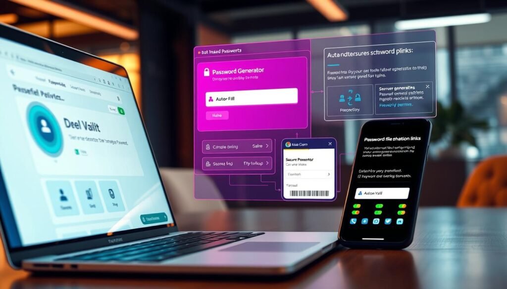 A sleek, modern digital workspace showcasing essential password management features. In the foreground, a high-resolution laptop screen displays a user interface with a digital vault containing icons for stored passwords and secure notes. Beside it, a smartphone shows an autofill prompt in a web browser. The middle-layer features a vibrant password generator interface with visual strength indicators, while a graphic of secure file sharing links appears beside it. The background is a softly blurred office setting with warm, ambient lighting, giving a professional yet inviting atmosphere. The angle is slightly elevated to capture all elements clearly, emphasizing the cutting-edge technology. A sleek, modern digital workspace showcasing essential password management features. In the foreground, a high-resolution laptop screen displays a user interface with a digital vault containing icons for stored passwords and secure notes. Beside it, a smartphone shows an autofill prompt in a web browser. The middle-layer features a vibrant password generator interface with visual strength indicators, while a graphic of secure file sharing links appears beside it. The background is a softly blurred office setting with warm, ambient lighting, giving a professional yet inviting atmosphere. The angle is slightly elevated to capture all elements clearly, emphasizing the cutting-edge technology.