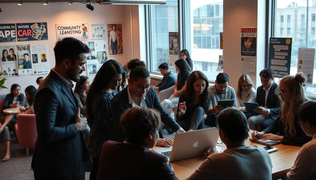 A vibrant community scene in a modern coworking space, showcasing diverse individuals engaged in collaborative projects. In the foreground, a group of professionals in business attire—comprised of different ethnicities—are gathered around a large table, exchanging ideas and working on laptops. In the middle ground, others are sitting in cozy seating areas, immersed in discussions or browsing learning materials on tablets. The background features large windows with natural light pouring in, illuminating a wall decorated with community-driven art and resource posters. The overall atmosphere is lively and collaborative, conveying a sense of support and innovation, with a warm color palette and soft shadows enhancing the inviting mood. A vibrant community scene in a modern coworking space, showcasing diverse individuals engaged in collaborative projects. In the foreground, a group of professionals in business attire—comprised of different ethnicities—are gathered around a large table, exchanging ideas and working on laptops. In the middle ground, others are sitting in cozy seating areas, immersed in discussions or browsing learning materials on tablets. The background features large windows with natural light pouring in, illuminating a wall decorated with community-driven art and resource posters. The overall atmosphere is lively and collaborative, conveying a sense of support and innovation, with a warm color palette and soft shadows enhancing the inviting mood.