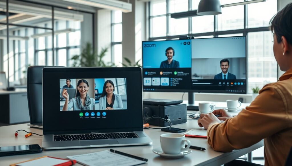 A dynamic office environment featuring two professional individuals engaged in a video conference comparison of Zoom and Webex. In the foreground, one person is on a sleek laptop showcasing a high-resolution video call, demonstrating clarity and vibrant colors, while the other is on a second screen with crisp audio visuals displaying enterprise security features. The middle ground reveals elements such as a modern desk cluttered with tech gadgets, notepads, and coffee mugs. The background consists of a large window with natural sunlight pouring in, casting soft shadows that enhance the professional atmosphere. The mood is focused and productive, emphasizing innovation in remote communication tools. Use a wide-angle lens to capture the essence of collaboration and clarity in video quality, employing bright, well-balanced lighting to highlight the workspace.