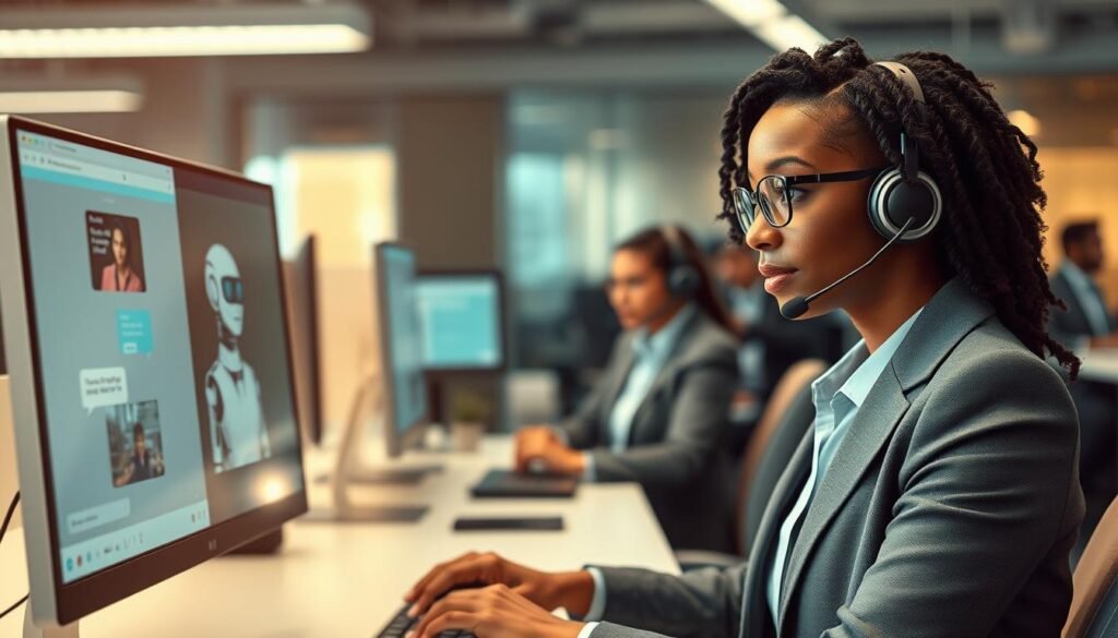 A modern office environment depicting a seamless "agent handoff" between an AI chatbot interface and a live customer support agent. In the foreground, a diverse, professional businesswoman in smart attire engages with a sleek computer screen displaying an animated chatbot. Her expression is attentive and confident. In the middle ground, an evolving digital interface visually blends the chatbot's chat window with a clean, user-friendly design. In the background, subtle indications of a busy call center, with other agents in professional attire collaborating and assisting customers. Soft, warm lighting enhances the atmosphere, creating a sense of teamwork and innovation. The focal point captures the dynamic interaction, showcasing the harmonious blend of technology and human support. Use a slightly elevated angle to convey depth and professionalism, avoiding any text or branding elements in the image. A modern office environment depicting a seamless "agent handoff" between an AI chatbot interface and a live customer support agent. In the foreground, a diverse, professional businesswoman in smart attire engages with a sleek computer screen displaying an animated chatbot. Her expression is attentive and confident. In the middle ground, an evolving digital interface visually blends the chatbot's chat window with a clean, user-friendly design. In the background, subtle indications of a busy call center, with other agents in professional attire collaborating and assisting customers. Soft, warm lighting enhances the atmosphere, creating a sense of teamwork and innovation. The focal point captures the dynamic interaction, showcasing the harmonious blend of technology and human support. Use a slightly elevated angle to convey depth and professionalism, avoiding any text or branding elements in the image.