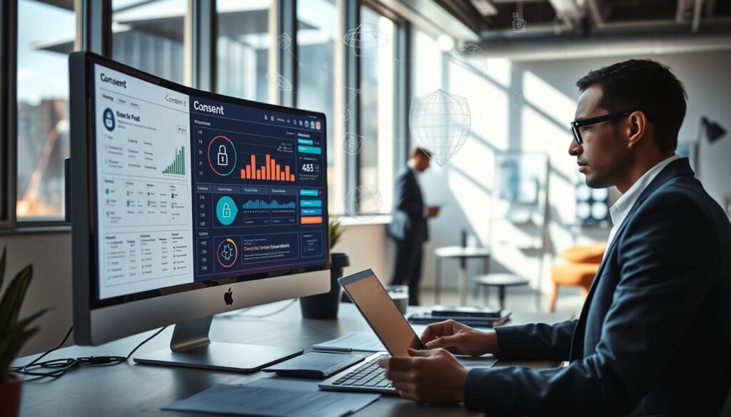 A modern office setting focused on digital consent management, featuring a sleek computer screen displaying a user-friendly consent dashboard. In the foreground, a professional in business attire, a diverse individual with glasses, intently analyzing the data on a laptop, surrounded by papers and consent forms. The middle ground shows a large window with natural light streaming in, illuminating the space, and abstract digital graphics representing data privacy and consent swirling gently in the air. The background features a whiteboard with flowcharts and a cozy meeting area. The atmosphere is focused and efficient, evoking a sense of trust and professionalism in digital compliance. Use a soft focus lens effect to enhance the technical details and create a warm, inviting mood.
