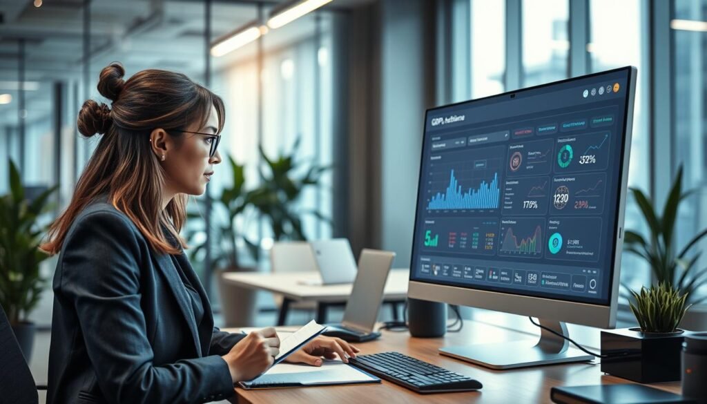 A modern office workspace featuring a sleek computer screen displaying a dashboard for security-forward GDPR compliance software. In the foreground, a professional woman in business attire is focused on the screen, taking notes on a notepad. In the middle, the desk is equipped with cyber security icons and data analytics visuals on the monitor. The background showcases a contemporary office design with glass panels, plants, and soft ambient light filtering through large windows, creating a productive atmosphere. The overall mood is one of professionalism and innovation, emphasizing the importance of data security and compliance. The lighting is bright and warm, highlighting the technology and creating an inviting workspace.