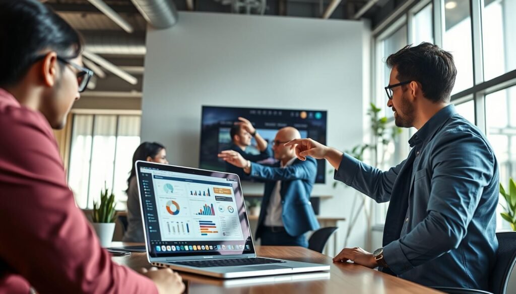 A modern workspace scene featuring a diverse team of professionals engaged in screen sharing during a virtual meeting. In the foreground, a laptop displays a colorful presentation with graphs and charts, while two employees, one wearing a smart blue blazer and the other in a casual but neat shirt, point at the screen with focused expressions. In the middle ground, a large wall-mounted display mirrors the laptop, showing the same visual, enhancing the collaborative atmosphere. The background reveals a contemporary office environment with bright natural lighting streaming in through large windows, plants strategically placed for a fresh feel, and minimalistic decor. The mood is one of productivity and teamwork, emphasizing a positive remote work experience. Use a slightly wide-angle lens to capture the group dynamic.