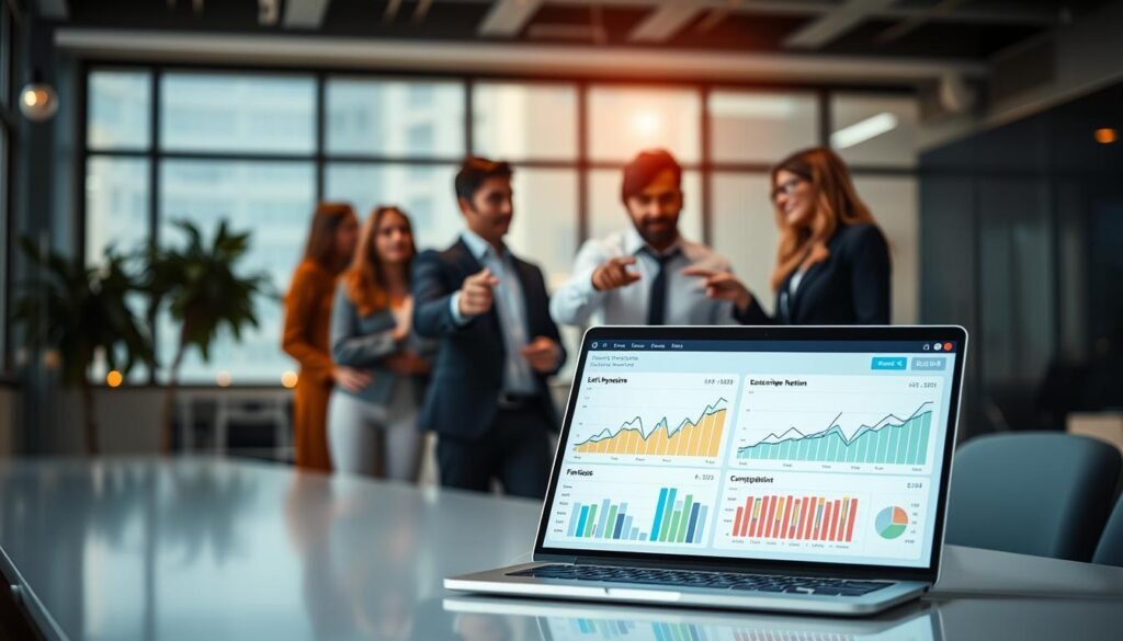 A professional office setting focused on email marketing, showcasing a digital analytics dashboard displaying graph trends in list hygiene metrics. In the foreground, a laptop on a sleek desk with vibrant graphics illustrating subscriber engagement and complaint statistics. In the middle, a diverse group of business professionals, dressed in smart casual attire, discussing and pointing at the dashboard, conveying collaboration and focus. The background includes a large window with natural light illuminating the space, creating a clean and modern atmosphere. Subtle bokeh effects enhance the depth, emphasizing the dashboard as the central element. The overall mood is productive and insightful, highlighting the importance of maintaining list hygiene for email deliverability. A professional office setting focused on email marketing, showcasing a digital analytics dashboard displaying graph trends in list hygiene metrics. In the foreground, a laptop on a sleek desk with vibrant graphics illustrating subscriber engagement and complaint statistics. In the middle, a diverse group of business professionals, dressed in smart casual attire, discussing and pointing at the dashboard, conveying collaboration and focus. The background includes a large window with natural light illuminating the space, creating a clean and modern atmosphere. Subtle bokeh effects enhance the depth, emphasizing the dashboard as the central element. The overall mood is productive and insightful, highlighting the importance of maintaining list hygiene for email deliverability.