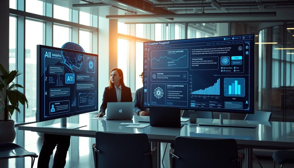 A sleek, modern office space featuring an AI-powered customer support chatbot interface on a large digital screen in the foreground. The screen displays interactive elements such as chat prompts, AI analytics graphs, and user engagement metrics, illuminated with a soft blue glow. In the middle ground, a diverse team of professionals in business attire, engaged in a discussion about optimizing the chatbot’s performance, with notes and laptops scattered on the sleek conference table. The background reveals a bright and airy office environment with large windows letting in natural light, soft sunlight filtering through, creating a productive and innovative atmosphere. The scene conveys a sense of collaboration and technological advancement, focusing on seamless AI integration in customer service. A sleek, modern office space featuring an AI-powered customer support chatbot interface on a large digital screen in the foreground. The screen displays interactive elements such as chat prompts, AI analytics graphs, and user engagement metrics, illuminated with a soft blue glow. In the middle ground, a diverse team of professionals in business attire, engaged in a discussion about optimizing the chatbot’s performance, with notes and laptops scattered on the sleek conference table. The background reveals a bright and airy office environment with large windows letting in natural light, soft sunlight filtering through, creating a productive and innovative atmosphere. The scene conveys a sense of collaboration and technological advancement, focusing on seamless AI integration in customer service.