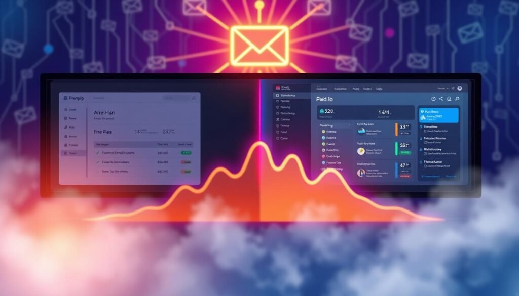 A visually engaging illustration depicting the concept of "free plan limits" in email marketing. In the foreground, a split-screen design featuring two contrasting scenes: on the left, a free plan interface with limited features, represented by a minimalist dashboard showing fewer email options and low subscriber limits, illuminated by soft ambient lighting. On the right, a vibrant paid plan dashboard showcasing advanced features like analytics and higher limits, highlighted by bright, focused lighting. The middle ground shows a blurred line graph symbolizing deliverability rates, with peaks and valleys in contrasting colors. The background incorporates abstract illustrations of email icons and cloud elements, creating an intricate network. The overall atmosphere is professional, informative, and dynamic, suitable for a tech-focused audience. A visually engaging illustration depicting the concept of "free plan limits" in email marketing. In the foreground, a split-screen design featuring two contrasting scenes: on the left, a free plan interface with limited features, represented by a minimalist dashboard showing fewer email options and low subscriber limits, illuminated by soft ambient lighting. On the right, a vibrant paid plan dashboard showcasing advanced features like analytics and higher limits, highlighted by bright, focused lighting. The middle ground shows a blurred line graph symbolizing deliverability rates, with peaks and valleys in contrasting colors. The background incorporates abstract illustrations of email icons and cloud elements, creating an intricate network. The overall atmosphere is professional, informative, and dynamic, suitable for a tech-focused audience.