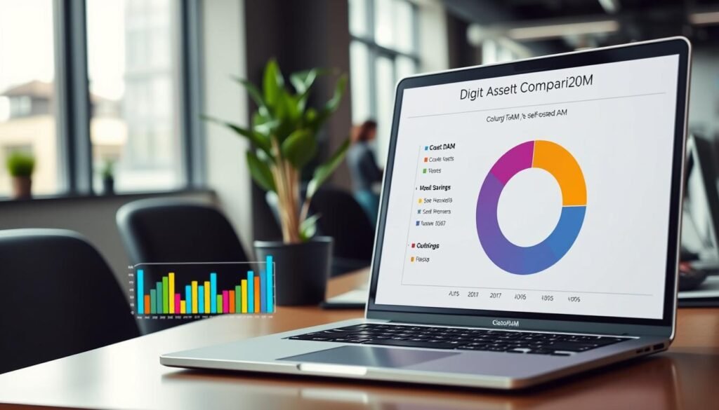 A digital asset cost comparison scene, showcasing two distinct charts representing Cloud DAM and Self-Hosted DAM. In the foreground, a sleek modern laptop displays a vibrant bar graph and pie chart, with one side highlighting costs in bright, contrasting colors and the other side focusing on overall savings in neutral tones. The middle layer features a well-organized office workspace, including a stylish desk with a potted plant, a notepad, and a calculator. The background is a blurred view of a professional office environment, suggesting teamwork and analysis. Use soft, diffused lighting to create a calm yet engaging atmosphere, and apply a slightly elevated angle to capture the action and details effectively.