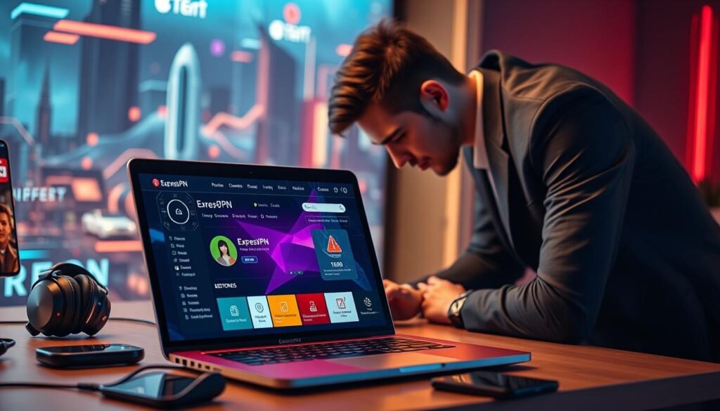 A dynamic scene showcasing the theme of digital security and streaming with ExpressVPN. In the foreground, a sleek laptop displaying the ExpressVPN interface with vibrant colors, emphasizing user-friendly navigation. A modern desk surrounds the laptop, adorned with high-tech accessories like headphones and a smartphone. In the middle ground, a focused individual in smart casual attire leans over the laptop, deeply engaged in streaming content. The background features an abstract digital landscape, blending elements of cyberspace with glowing data streams symbolizing a secure connection. Soft, ambient lighting creates a warm atmosphere, while a shallow depth of field directs attention to the laptop and the user, conveying a sense of reliability and modern technology.