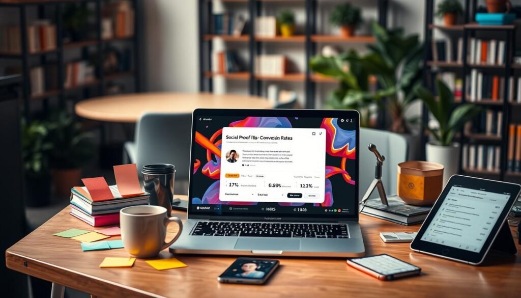 A modern digital workspace featuring an array of social proof tools displayed on a sleek, contemporary desktop. In the foreground, a laptop screen showcases a vibrant social proof popup with user testimonials and statistics, emphasizing conversion rates. Surrounding the laptop, there are colorful sticky notes and productivity apps on a tablet, symbolizing a busy yet organized environment. In the middle ground, a cup of coffee next to the laptop adds a personal touch, while a smartphone shows notifications of recent customer interactions. The background includes a stylish office space with a blurred bookshelf filled with marketing books and plants, creating a warm and inviting atmosphere. Soft, natural lighting enhances the mood, captured from a slight overhead angle to give a comprehensive view of the space. A modern digital workspace featuring an array of social proof tools displayed on a sleek, contemporary desktop. In the foreground, a laptop screen showcases a vibrant social proof popup with user testimonials and statistics, emphasizing conversion rates. Surrounding the laptop, there are colorful sticky notes and productivity apps on a tablet, symbolizing a busy yet organized environment. In the middle ground, a cup of coffee next to the laptop adds a personal touch, while a smartphone shows notifications of recent customer interactions. The background includes a stylish office space with a blurred bookshelf filled with marketing books and plants, creating a warm and inviting atmosphere. Soft, natural lighting enhances the mood, captured from a slight overhead angle to give a comprehensive view of the space.