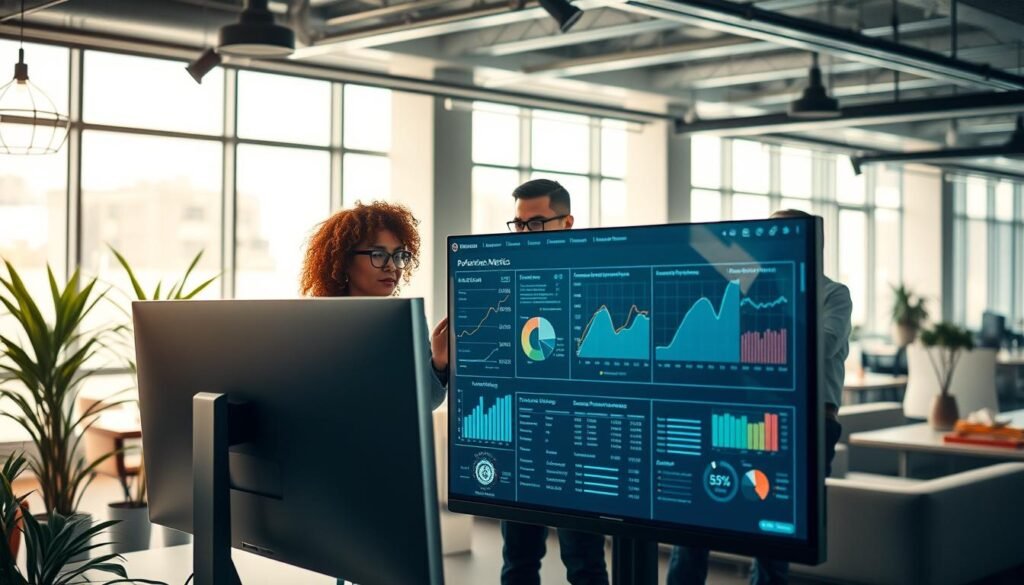 A modern office setting showcasing a diverse group of professionals, focused on analyzing performance metrics. In the foreground, a sleek, large monitor displays dynamic graphs and statistics related to application performance management. In the middle ground, a team of three individuals in professional attire — a woman with curly hair, a man with glasses, and another person with a laptop — collaboratively discussing insights while pointing at the screen. The background features a bright, open workspace with large windows allowing natural light to pour in, plants adding a touch of greenery, and minimalist furniture. The overall mood is one of concentration and teamwork, emphasizing a productive and innovative atmosphere, captured through a soft-focus lens with a warm color palette. A modern office setting showcasing a diverse group of professionals, focused on analyzing performance metrics. In the foreground, a sleek, large monitor displays dynamic graphs and statistics related to application performance management. In the middle ground, a team of three individuals in professional attire — a woman with curly hair, a man with glasses, and another person with a laptop — collaboratively discussing insights while pointing at the screen. The background features a bright, open workspace with large windows allowing natural light to pour in, plants adding a touch of greenery, and minimalist furniture. The overall mood is one of concentration and teamwork, emphasizing a productive and innovative atmosphere, captured through a soft-focus lens with a warm color palette.