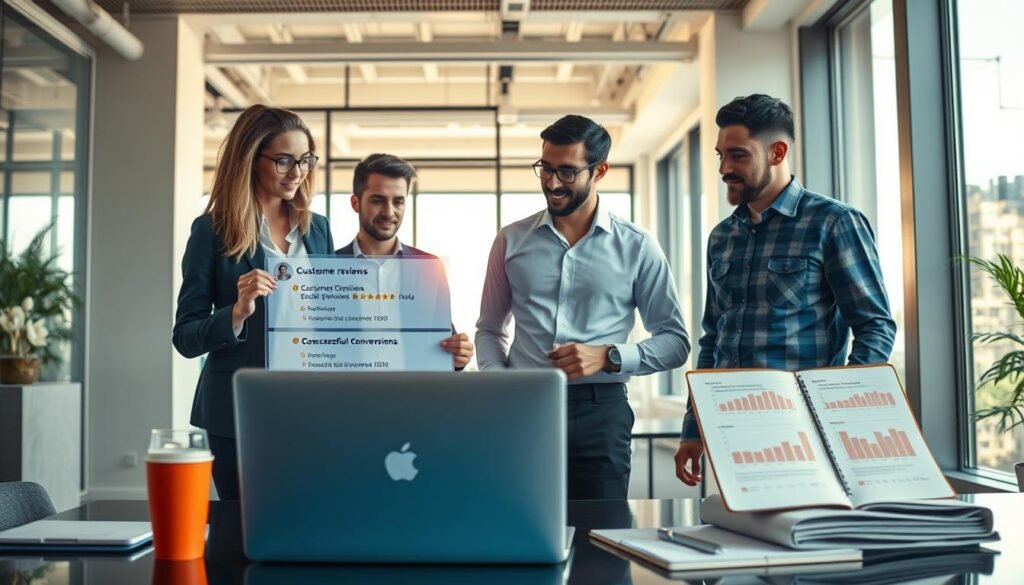 A modern, visually engaging workspace scene illustrating real-world social proof examples that enhance conversions. In the foreground, a diverse group of three professionals—one woman and two men—in smart casual attire, are interacting with a digital display showcasing positive customer reviews. The middle ground features a sleek laptop and a notepad with graphs and statistics highlighting successful conversion rates. The background contains a bright, airy office with large windows, allowing natural light to flood the space, creating a warm and inviting atmosphere. The scene captures a sense of teamwork and innovation, emphasizing the power of social proof in a contemporary business environment. Use a wide-angle lens to capture the entirety of the scene, ensuring clarity and depth. A modern, visually engaging workspace scene illustrating real-world social proof examples that enhance conversions. In the foreground, a diverse group of three professionals—one woman and two men—in smart casual attire, are interacting with a digital display showcasing positive customer reviews. The middle ground features a sleek laptop and a notepad with graphs and statistics highlighting successful conversion rates. The background contains a bright, airy office with large windows, allowing natural light to flood the space, creating a warm and inviting atmosphere. The scene captures a sense of teamwork and innovation, emphasizing the power of social proof in a contemporary business environment. Use a wide-angle lens to capture the entirety of the scene, ensuring clarity and depth.