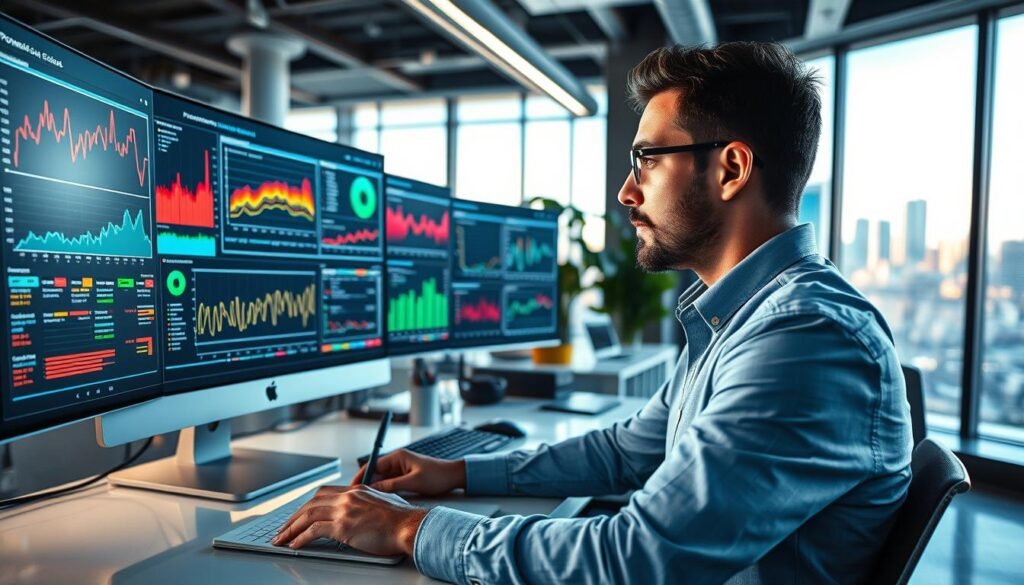 A modern workspace showcasing a computer screen displaying Prometheus and Grafana dashboards filled with colorful graphs and metrics. In the foreground, a focused business professional in smart casual attire analyzes the data with a thoughtful expression, pointing at a specific graph with a stylus. The middle ground features a sleek desk with technical equipment, multiple monitors, and a notebook with performance insights, reflecting a high-tech environment. In the background, large windows let in soft, natural light, illuminating the room and offering a panoramic view of an urban skyline. The atmosphere conveys innovation and productivity, ideal for monitoring performance metrics in a startup context. Use a wide-angle lens to capture the depth of the workspace and add a dynamic feel to the composition. A modern workspace showcasing a computer screen displaying Prometheus and Grafana dashboards filled with colorful graphs and metrics. In the foreground, a focused business professional in smart casual attire analyzes the data with a thoughtful expression, pointing at a specific graph with a stylus. The middle ground features a sleek desk with technical equipment, multiple monitors, and a notebook with performance insights, reflecting a high-tech environment. In the background, large windows let in soft, natural light, illuminating the room and offering a panoramic view of an urban skyline. The atmosphere conveys innovation and productivity, ideal for monitoring performance metrics in a startup context. Use a wide-angle lens to capture the depth of the workspace and add a dynamic feel to the composition.