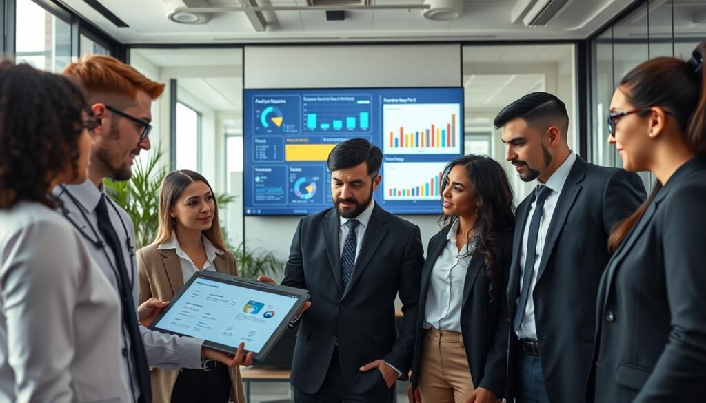 A professional office environment highlights the concept of applicant tracking systems (ATS). In the foreground, a diverse group of business professionals dressed in smart business attire are engaged in a discussion, examining a digital tablet displaying ATS software. In the middle, a large screen on the wall shows a colorful dashboard with graphs and charts illustrating recruitment metrics. The background includes a modern office setting with glass walls, plants, and a contemporary design. Soft, natural lighting filters in through large windows, creating an inviting atmosphere. The overall mood is focused and collaborative, emphasizing teamwork in the hiring process while navigating the complexities of ATS selection. The angle captures both the professionals and the technology, creating a harmonious blend of human interaction and digital innovation.