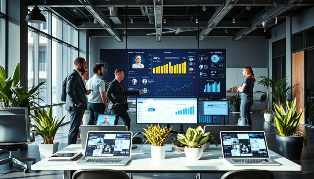 A sleek, modern office environment showcasing an applicant tracking system in action. In the foreground, a diverse group of professionals, dressed in smart business attire, collaborate around a large digital screen displaying analytics and candidate profiles, illustrating a bustling recruitment process. The middle ground features ergonomic office furniture, potted plants, and laptops open with ATS software interface, while the background reveals large windows with natural light streaming in, creating a bright and inviting workspace. The atmosphere is dynamic and focused, emphasizing collaboration and efficiency. Use soft, ambient lighting to highlight the technology and people, capturing a moment of teamwork in a startup or small business setting.