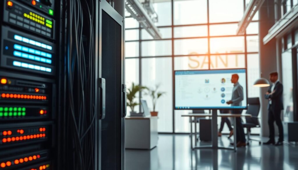 A sleek, modern self-hosted Digital Asset Management (DAM) server setup in a professional office environment. In the foreground, show a high-tech server rack with blinking lights and labeled cables, emphasizing control and configuration. In the middle ground, illustrate a focus on a computer screen displaying a sophisticated user interface with various customizable options for asset management, showcasing data flow and accessibility. In the background, depict a spacious office with large windows, natural light streaming in, and professional individuals in business attire discussing strategies. The atmosphere should convey efficiency and innovation, hinting at local performance benefits. Use soft, balanced lighting to create a bright and inviting mood with a wide-angle perspective to highlight the entire workspace.