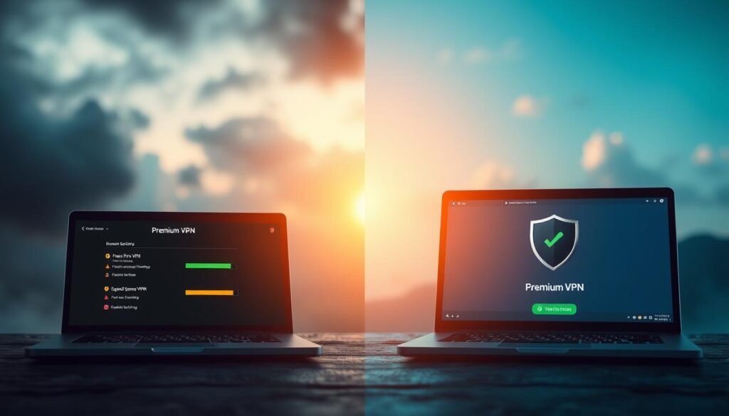 A split image illustrating the contrast between free and paid VPNs. In the foreground, depict a visually appealing laptop with a free VPN interface on the left, showing warning symbols and sluggish loading indicators, symbolizing insecurity. On the right, display a professional-looking laptop showcasing a premium VPN interface with a shield icon, fast loading animations, and a vibrant green checkmark representing security and speed. In the middle ground, add a soft, blurred gradient that transitions from a dark, cloudy atmosphere on the left to a bright, clear blue sky on the right. The lighting should be warm and inviting on the paid VPN side, contrasting with cooler, dim lighting on the free VPN side. The overall mood should convey a sense of urgency for better security in online browsing.